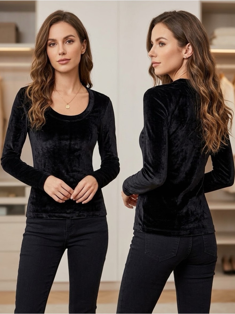 Vintage Moschino Jeans Black Crushed Velvet Scoop Neck Long Sleeve Top
